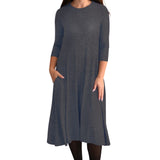 Mid-Calf 3/4 Sleeve Swing Dress with Pockets