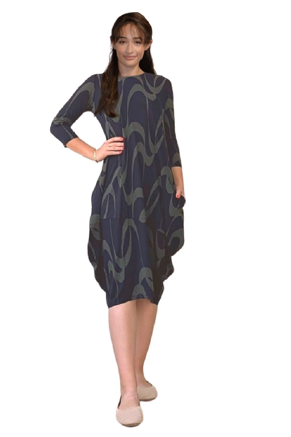 3/4 Sleeve Tulip Cocoon Dress - Mid-Calf Length with Pockets