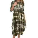 Flowing Midi Dress with 3/4 Sleeves and Dramatic Drape