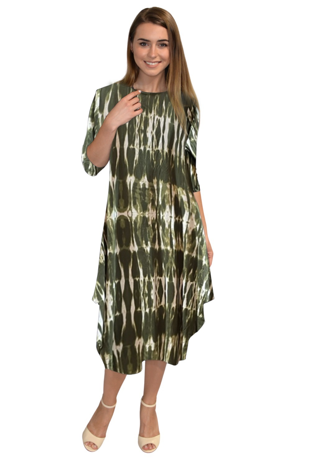 Flowing Midi Dress with 3/4 Sleeves and Dramatic Drape