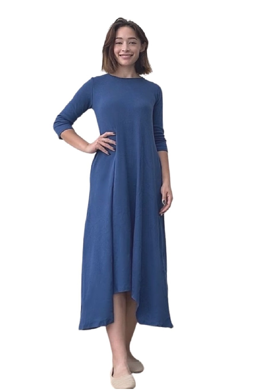 A-line Cotton Ribbed Maxi Dress - Modest Neckline,  3/4 Sleeves and Pockets