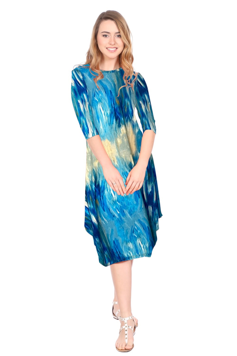 Flowing Midi Dress with 3/4 Sleeves and Dramatic Drape