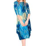 Flowing Midi Dress with 3/4 Sleeves and Dramatic Drape