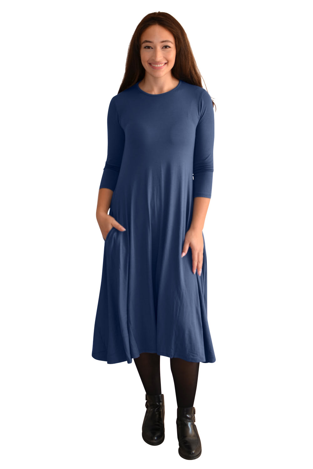 Mid-Calf 3/4 Sleeve Swing Dress with Pockets