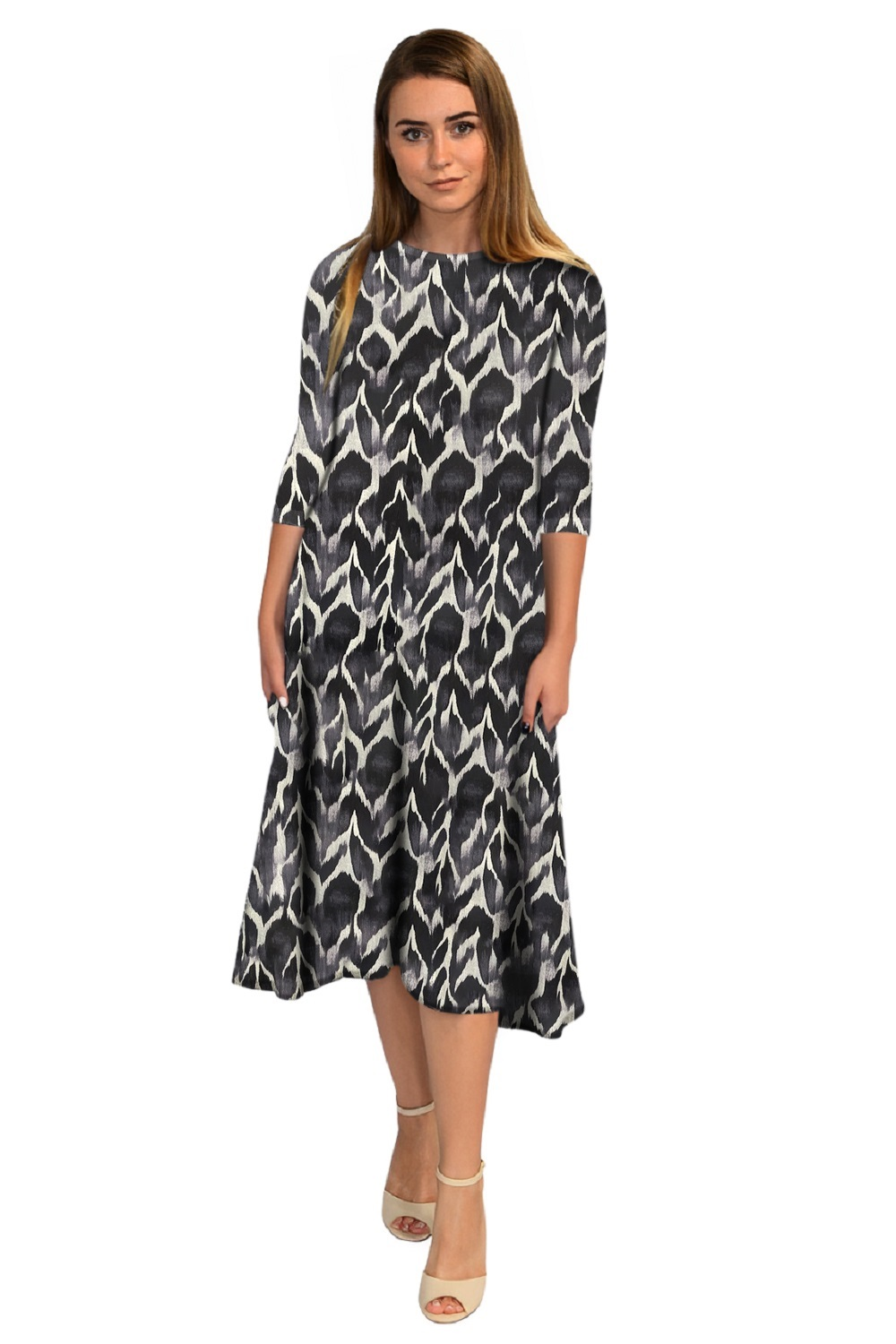 Mid-Calf 3/4 Sleeve Swing Dress with Pockets