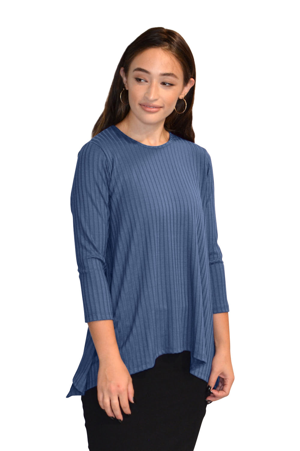 Women's 3/4 Sleeve Wide-Ribbed Handkerchief Tunic