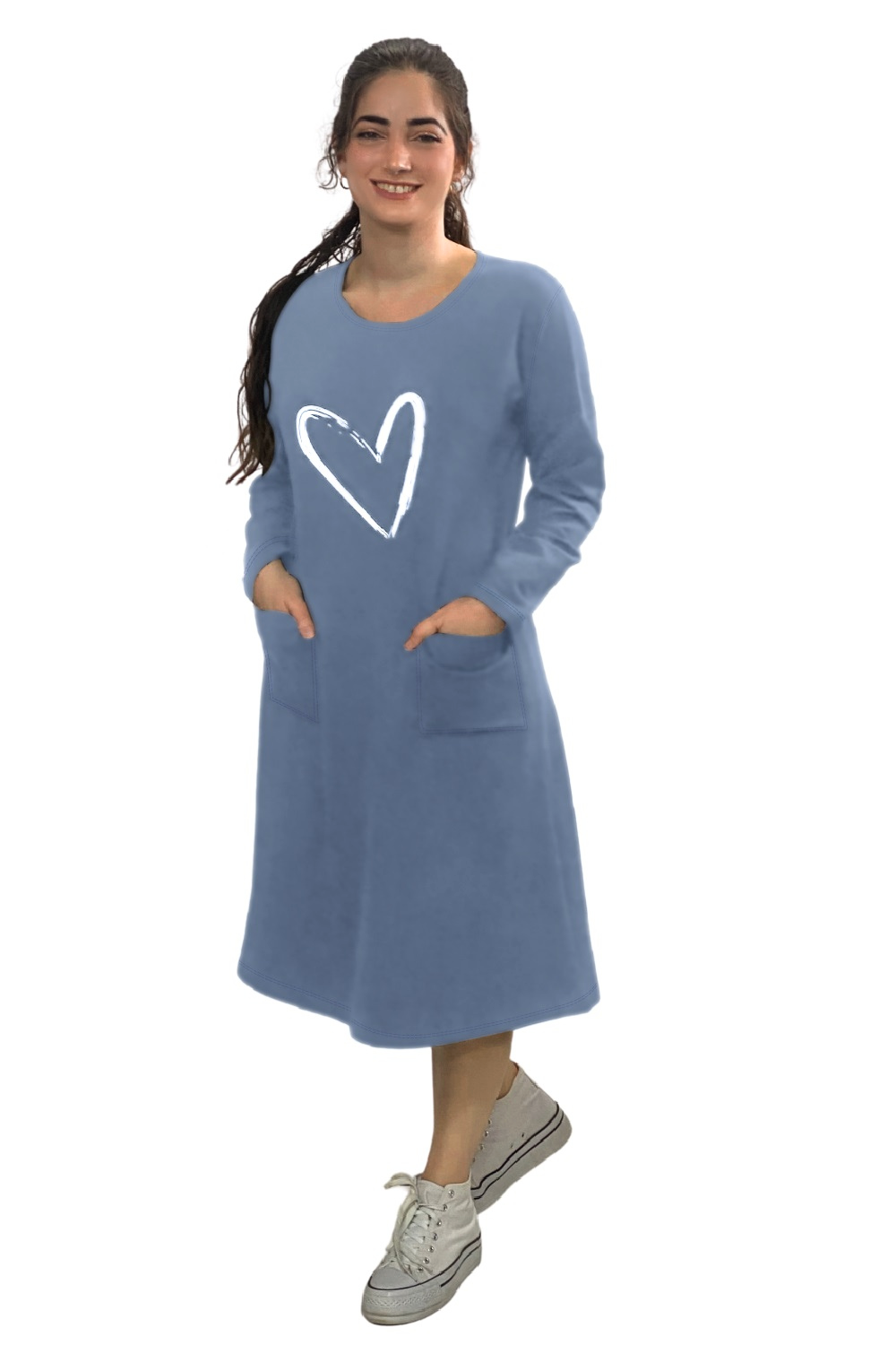 French Terry Cotton Long Sleeve Dress with Heart Motif Design