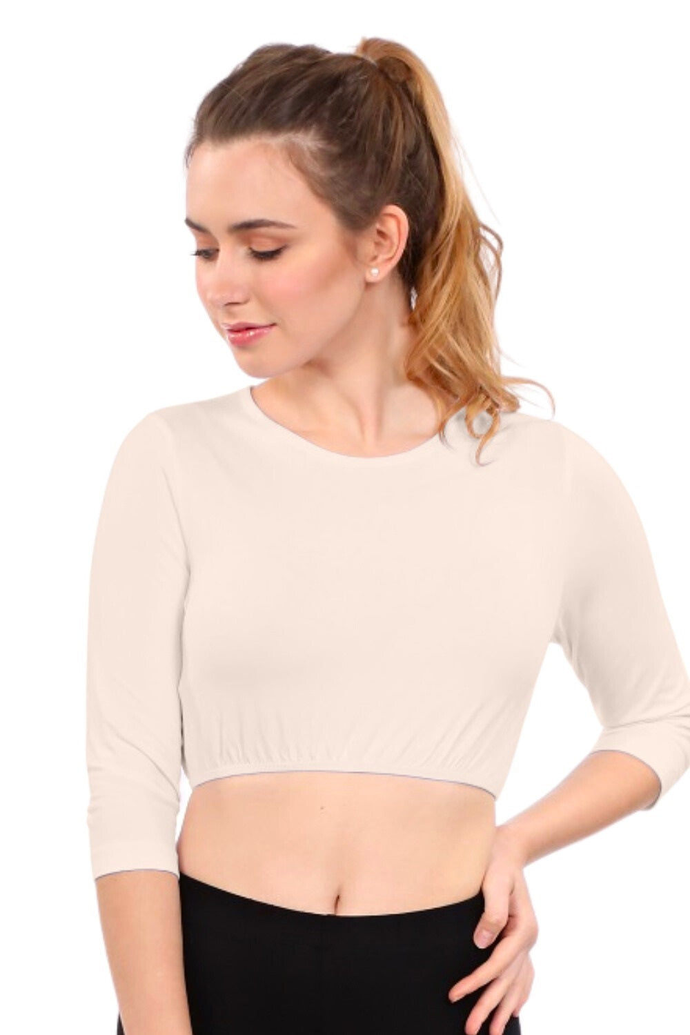 Modest Neck Cropped Layering Tank - Cotton Spandex 3/4 Sleeve Shell Top