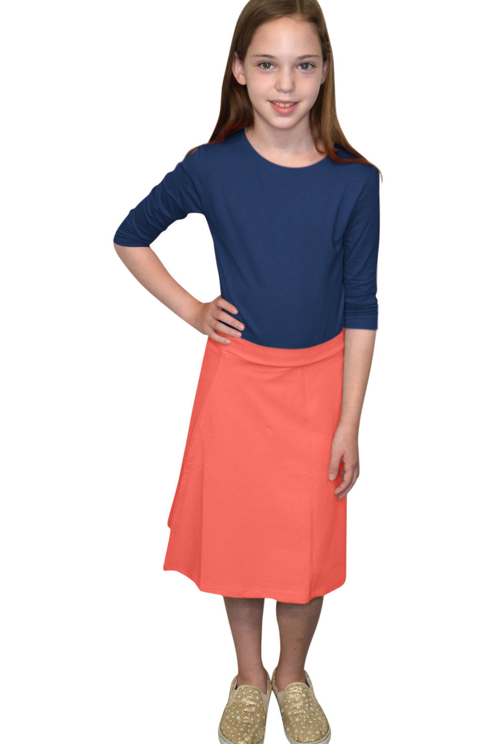 Girls' Cotton-Spandex A-Line Skirt - Knee Length Comfort