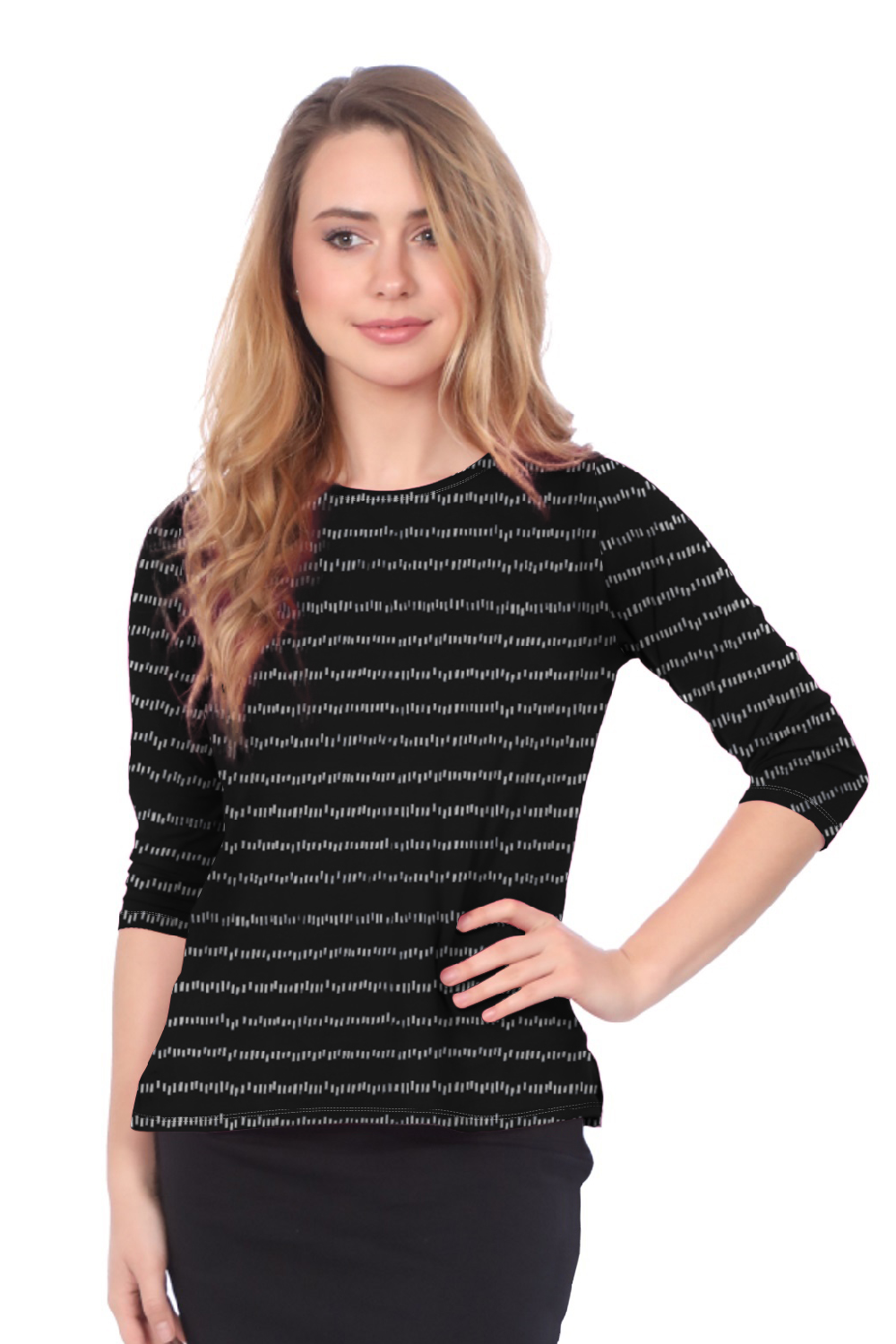 Fun Print Cotton Spandex 3/4 Sleeve T-Shirt with Side Slits