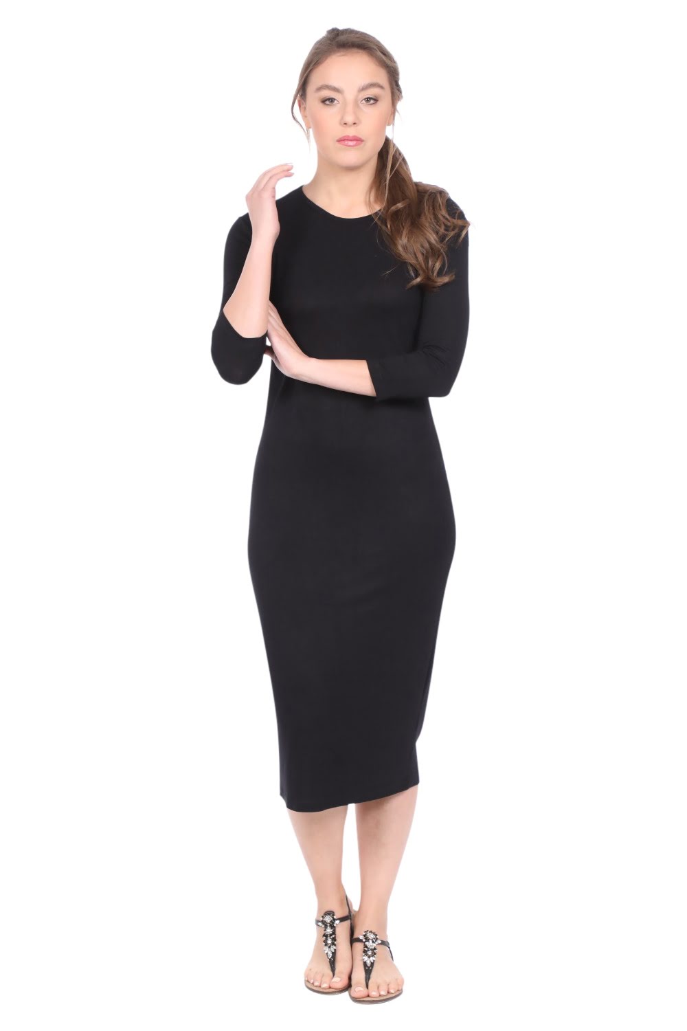 Modest Layering Dress with 3/4 Sleeves and No Slits