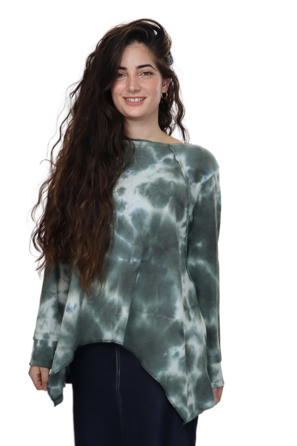 Long Sleeve Relaxed Fit Waffle Tunic - Tie-Dye High-Low Hem Plus