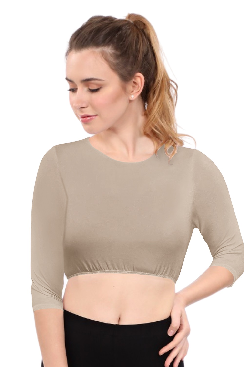 Modest Neck Cropped Layering Tank - Cotton Spandex 3/4 Sleeve Shell Top