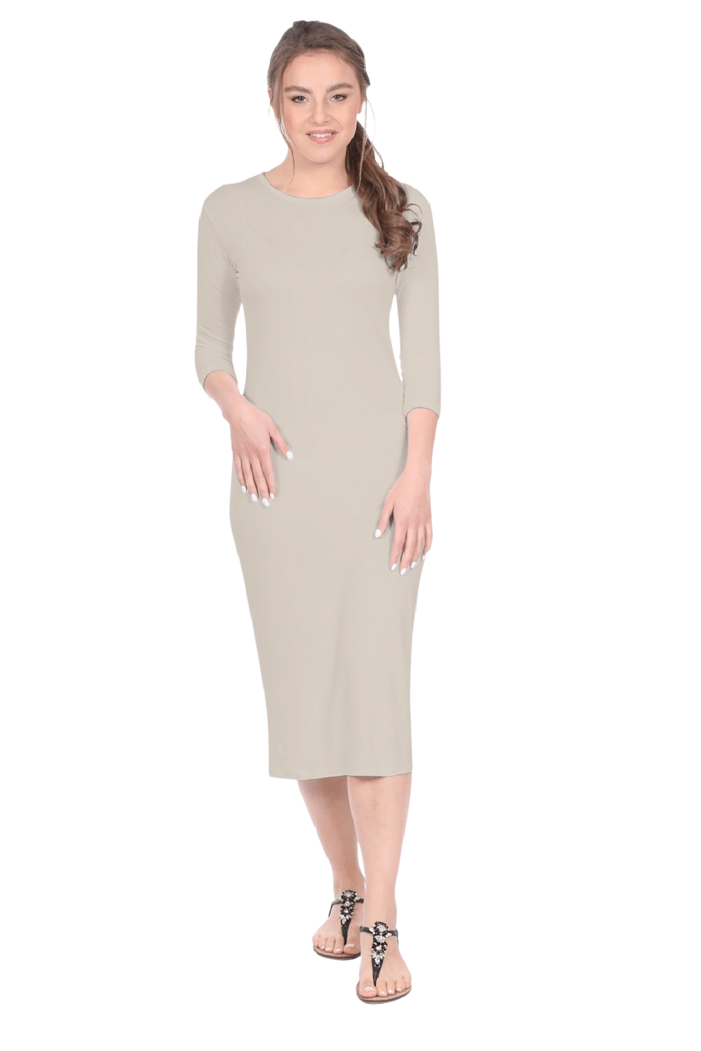 Modest Layering Dress with 3/4 Sleeves and No Slits