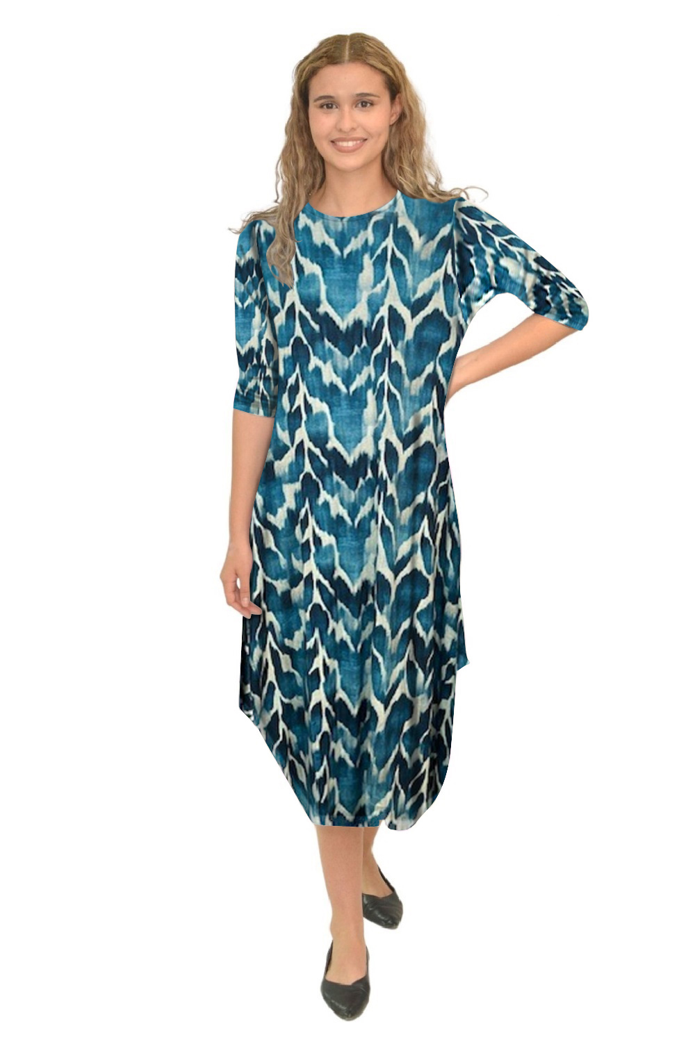 Flowing Midi Dress with 3/4 Sleeves and Dramatic Drape