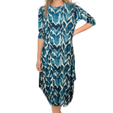 Flowing Midi Dress with 3/4 Sleeves and Dramatic Drape