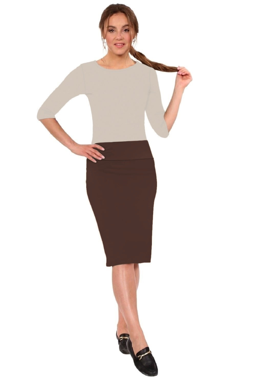 Stretch Knee Length Pencil Skirt for Women in Cotton Spandex