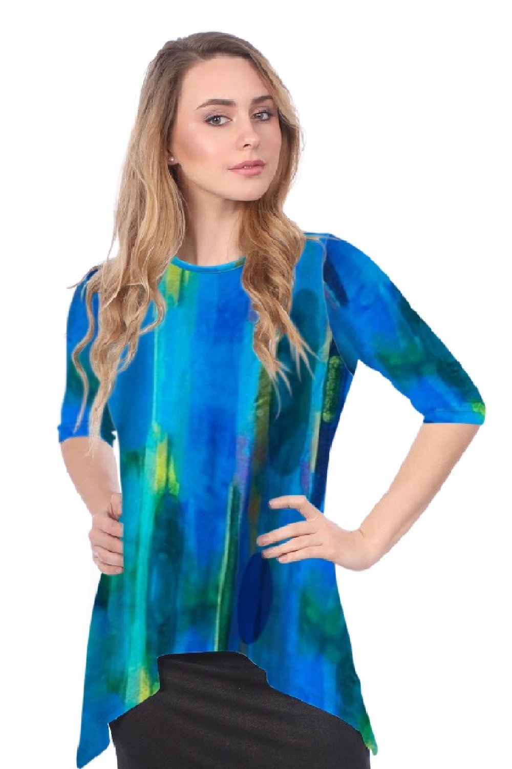 Modest Handkerchief Tunic Top - 3/4 Sleeve Comfort Flow Design