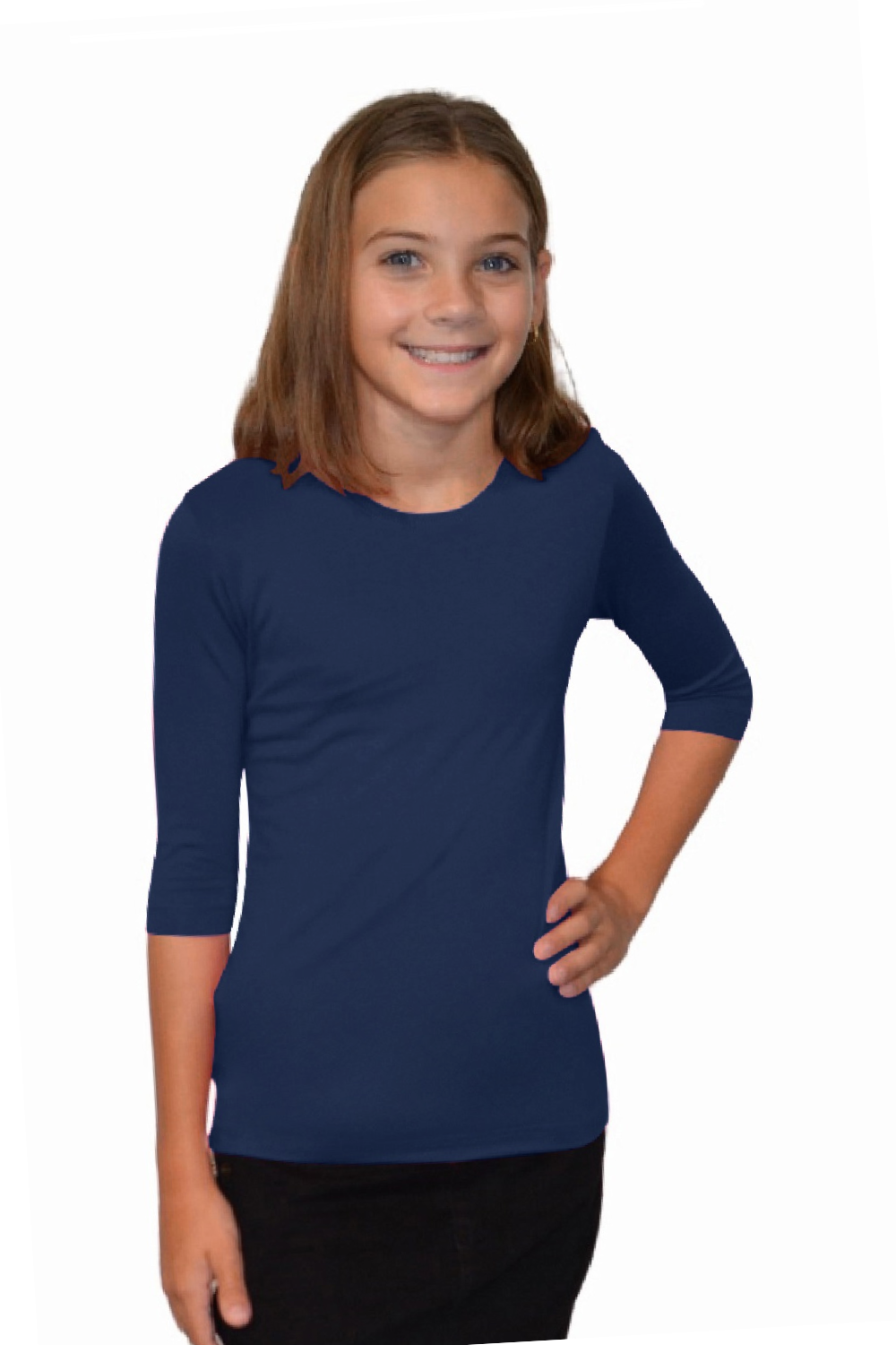 Girls' Basic Modest Crew Neck Shell Top - 3/4 Sleeve Layering Kids(Ages 5-12)