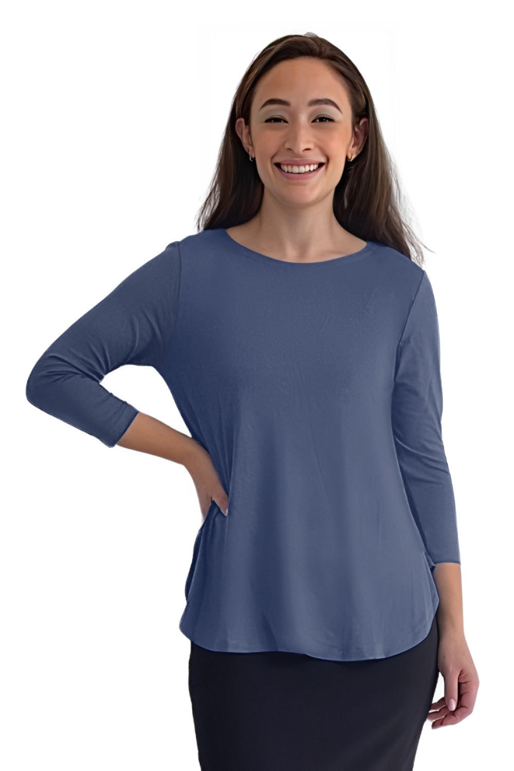 3/4 Sleeve Modest Tunic Top - Crew Neck, Hip Length, Flared Fit