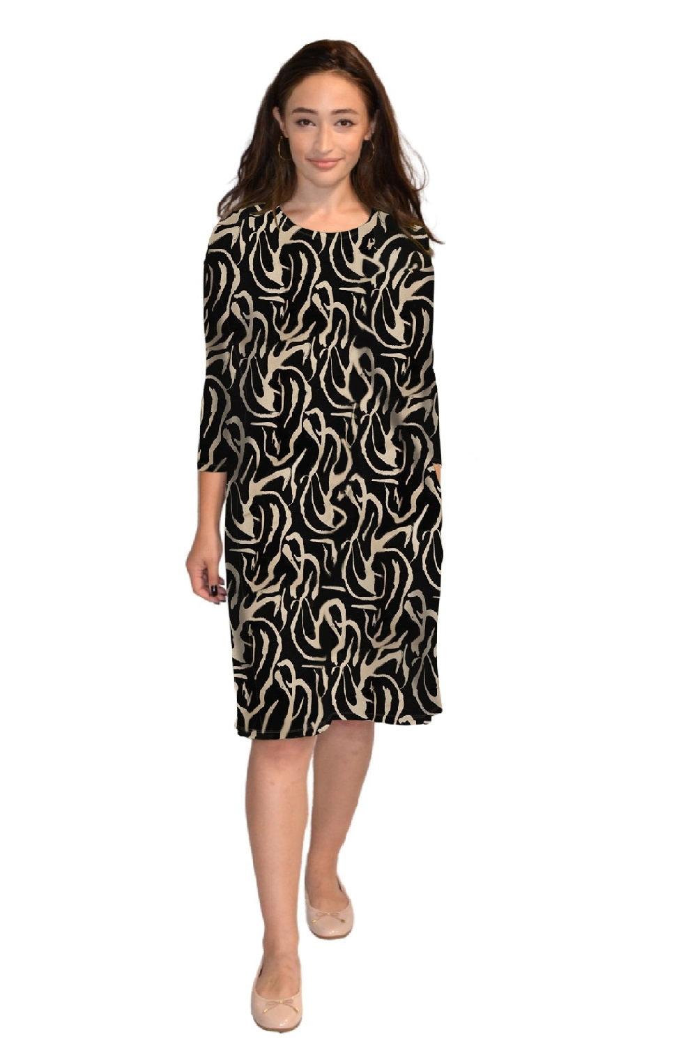 Relaxed Fit Modest 3/4 Sleeve Knee-Length Dress with Pockets