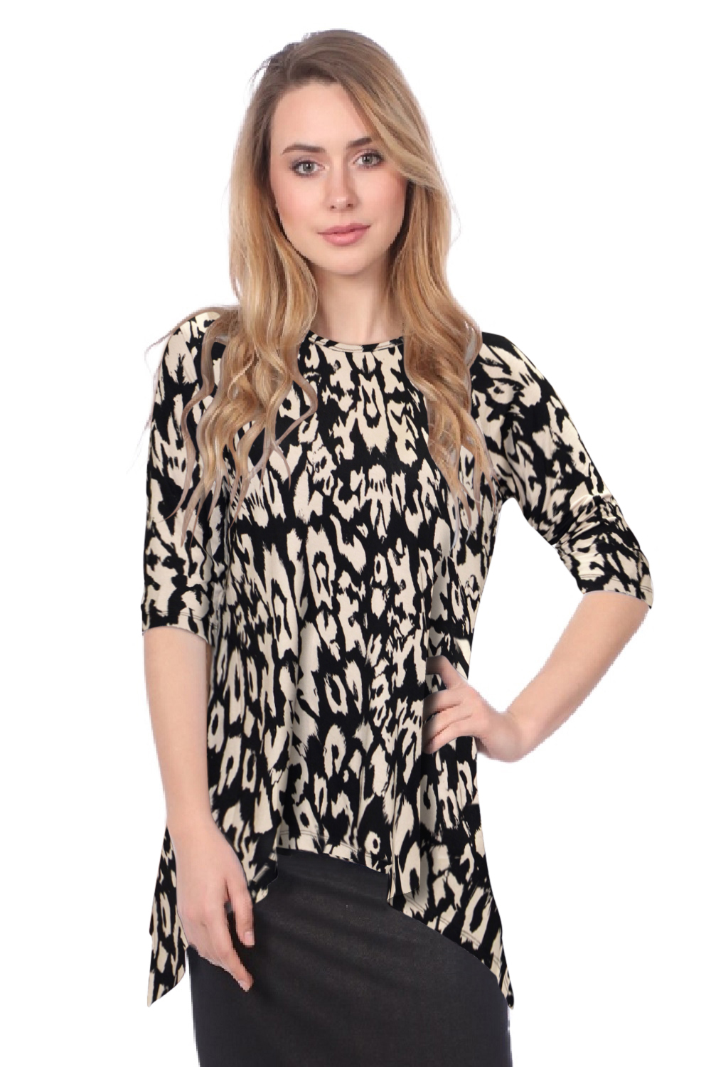 Modest Handkerchief Tunic Top - 3/4 Sleeve Comfort Flow Design