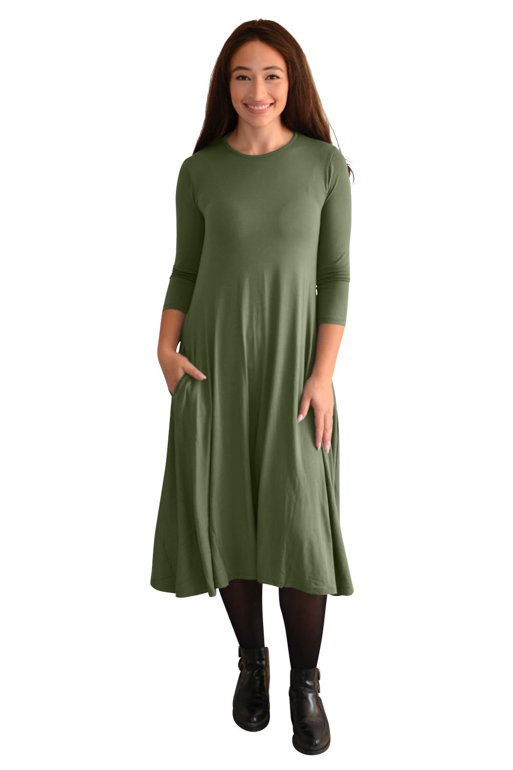 Mid-Calf 3/4 Sleeve Swing Dress with Pockets