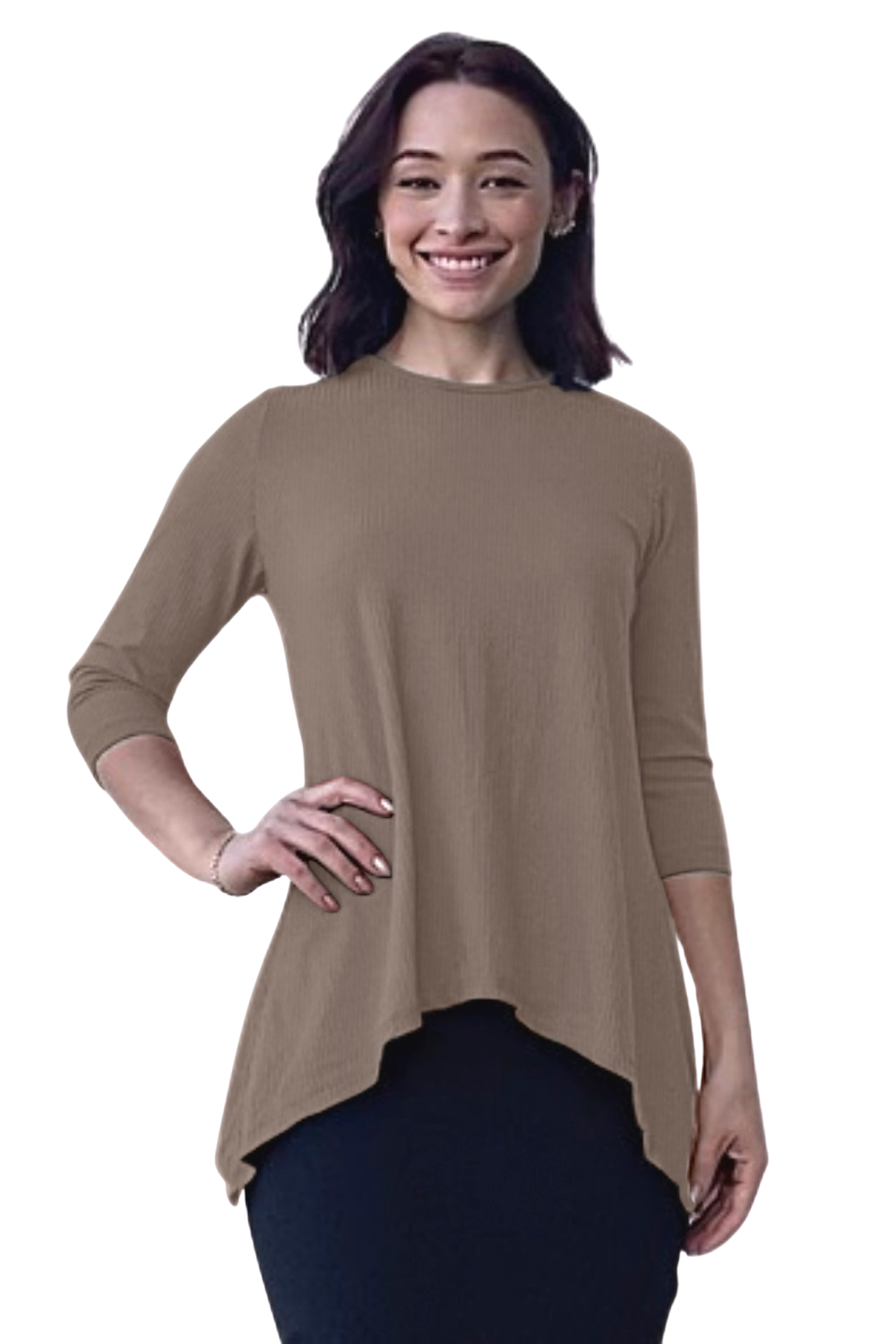 Ribbed Tunic with Handkerchief Hem 3/4 Sleeve