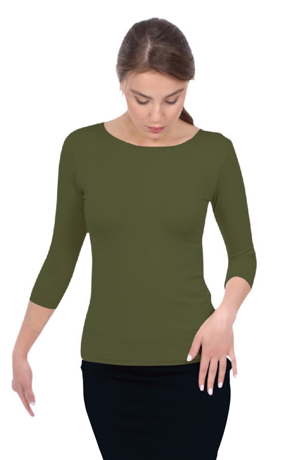 Fitted 3/4 Sleeve Layering Shell - High Round Neckline Slim-Fit Undershirt