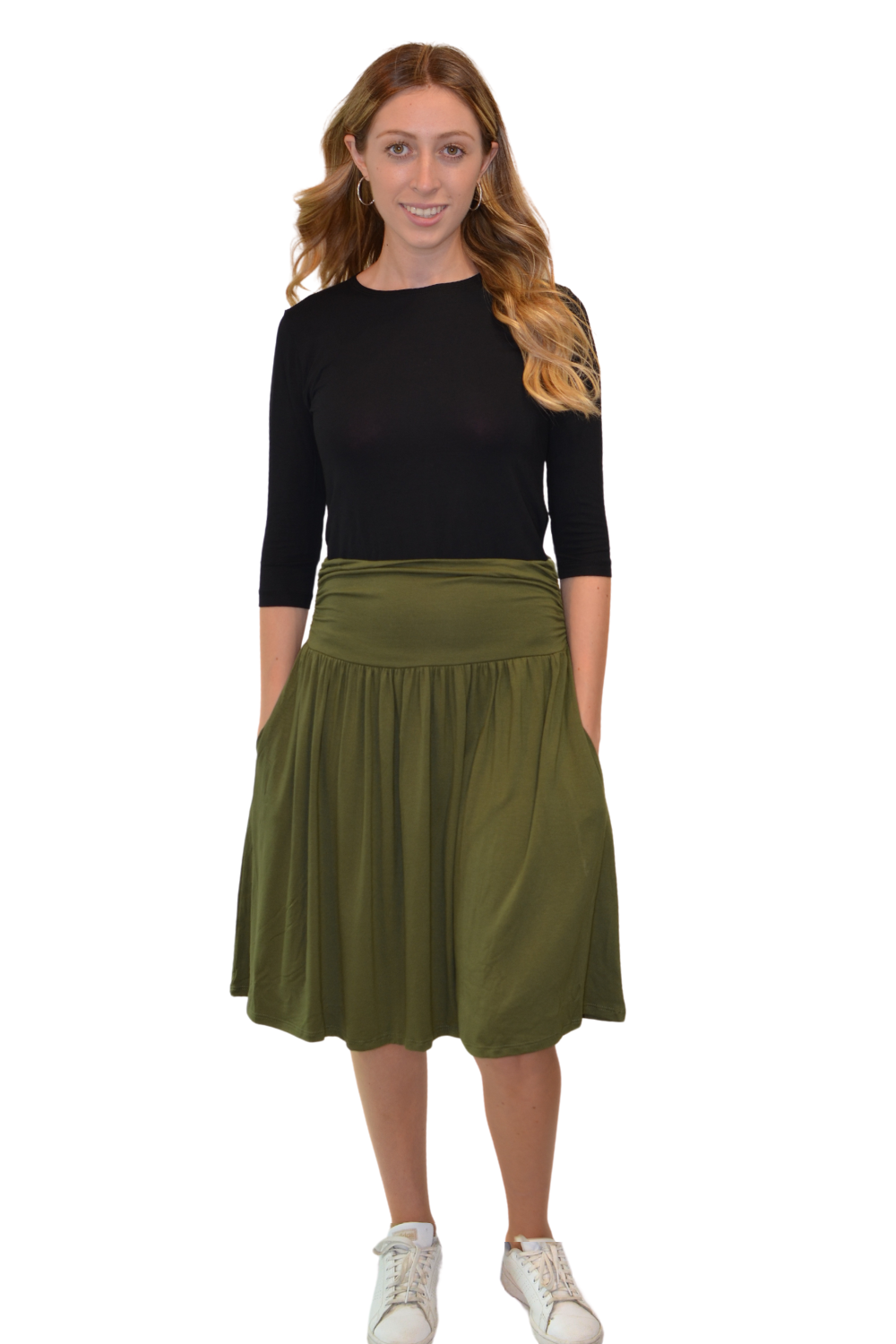 Womens Knee Length Ruched Flowy Skirt with Pockets