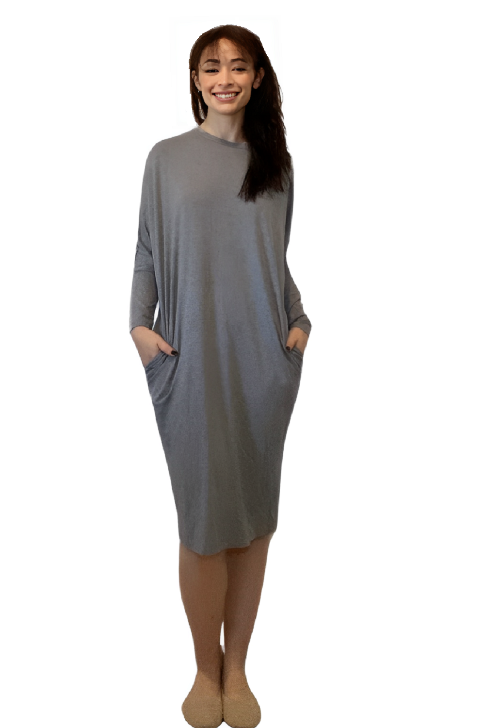 Batwing Long Sleeve Midi Dress with Pockets - Versatile Loose Fit Style