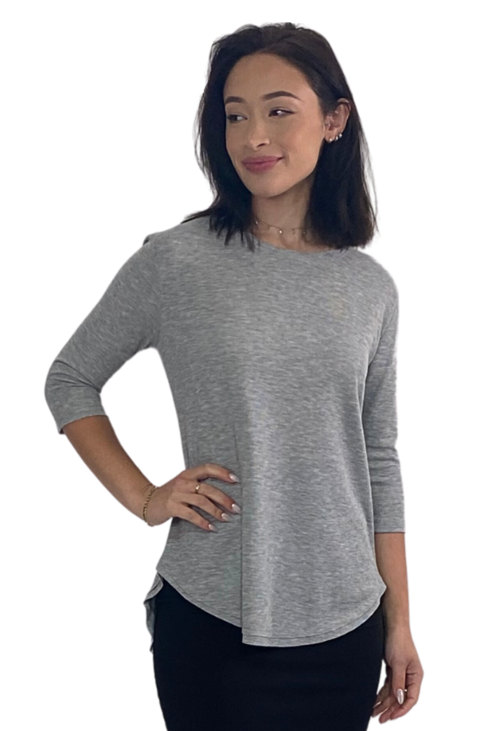 Lightweight Waffle Knit 3/4 Sleeve Tunic Top - High Neckline Long Length Relaxed Fit