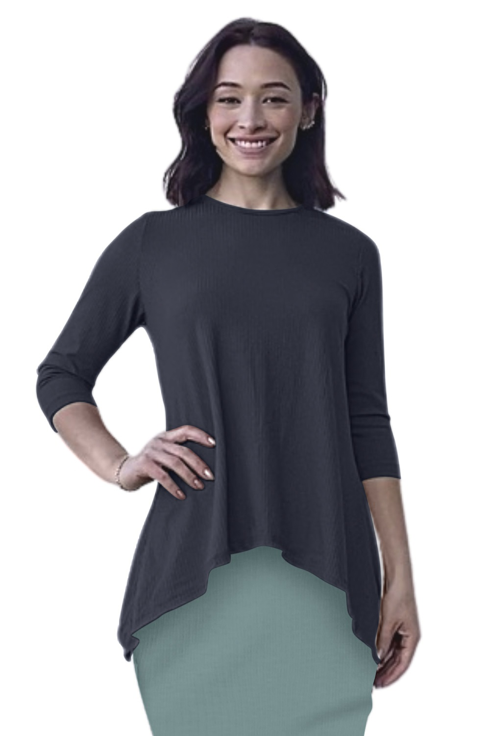 Ribbed Tunic with Handkerchief Hem 3/4 Sleeve