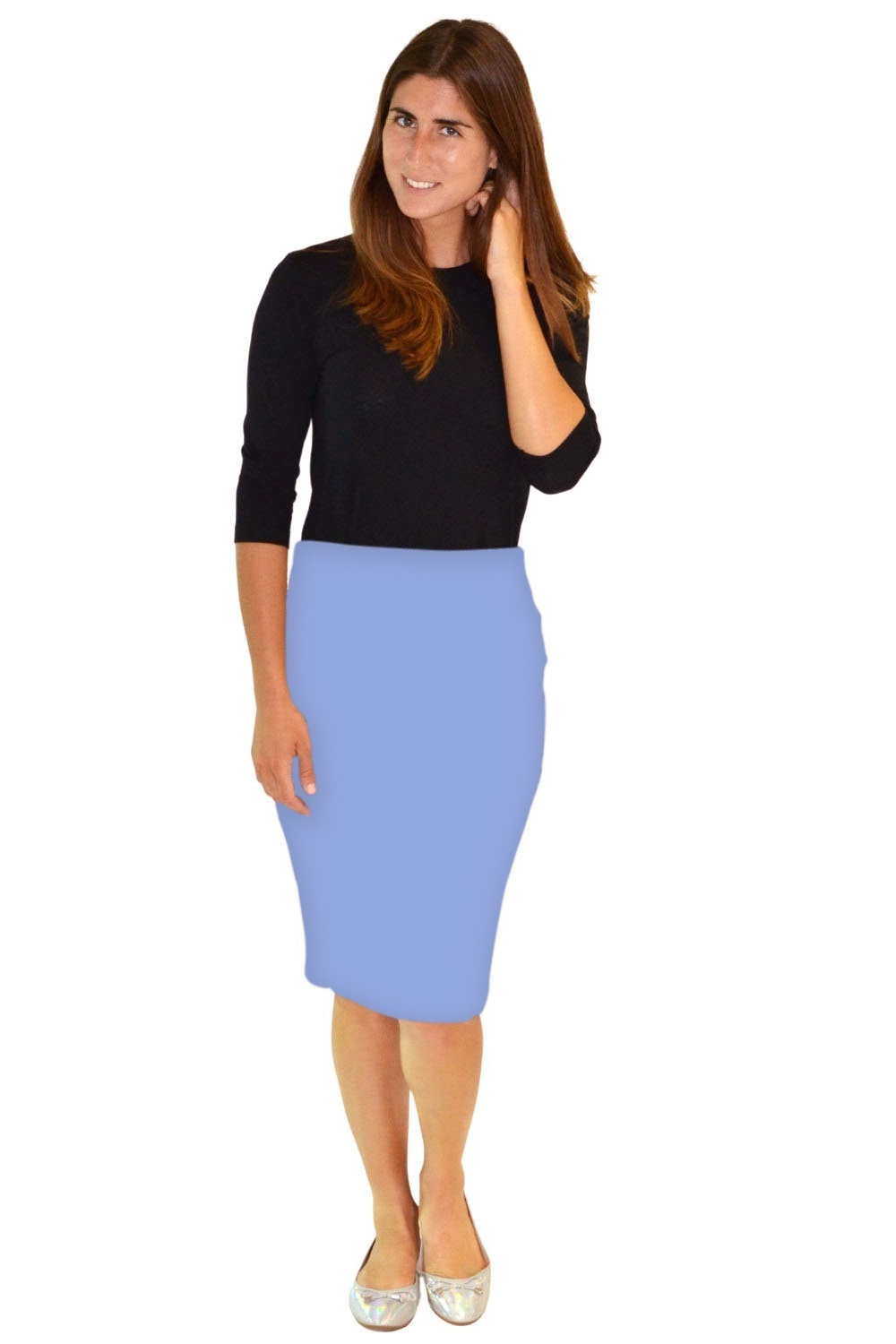 Stretch Knee Length Pencil Skirt for Women in Cotton Spandex