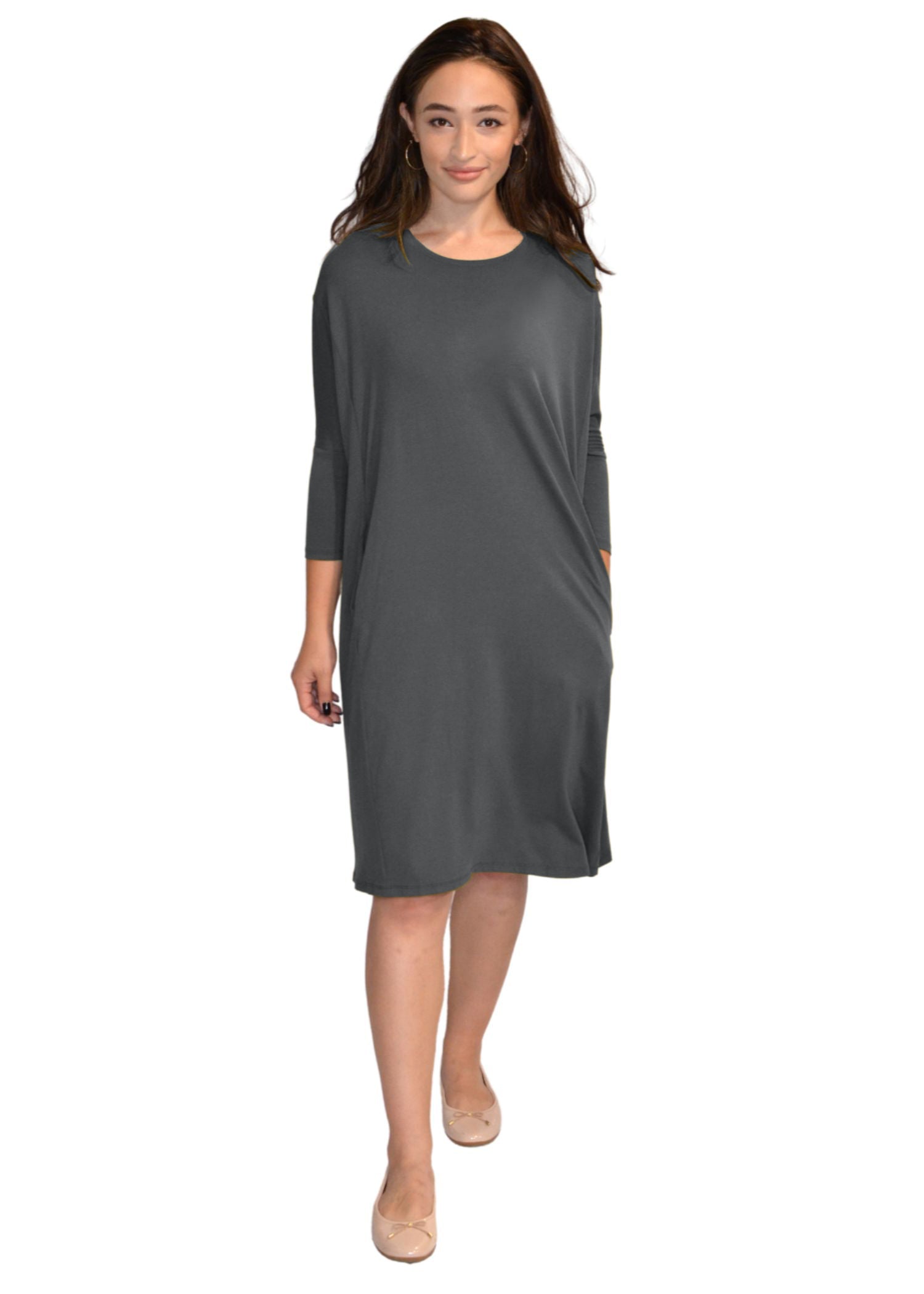 Relaxed Fit Modest 3/4 Sleeve Knee-Length Dress with Pockets Kosher Casual USA Relaxed Fit Modest 3/4 Sleeve Knee-Length Dress with Pockets Kosher Casual USA