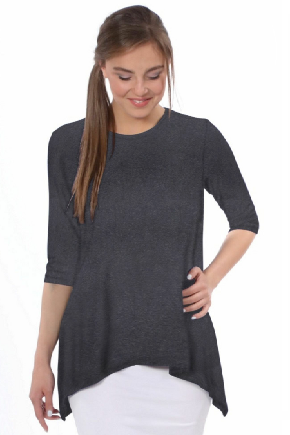 Modest Handkerchief Tunic Top - 3/4 Sleeve Comfort Flow Design