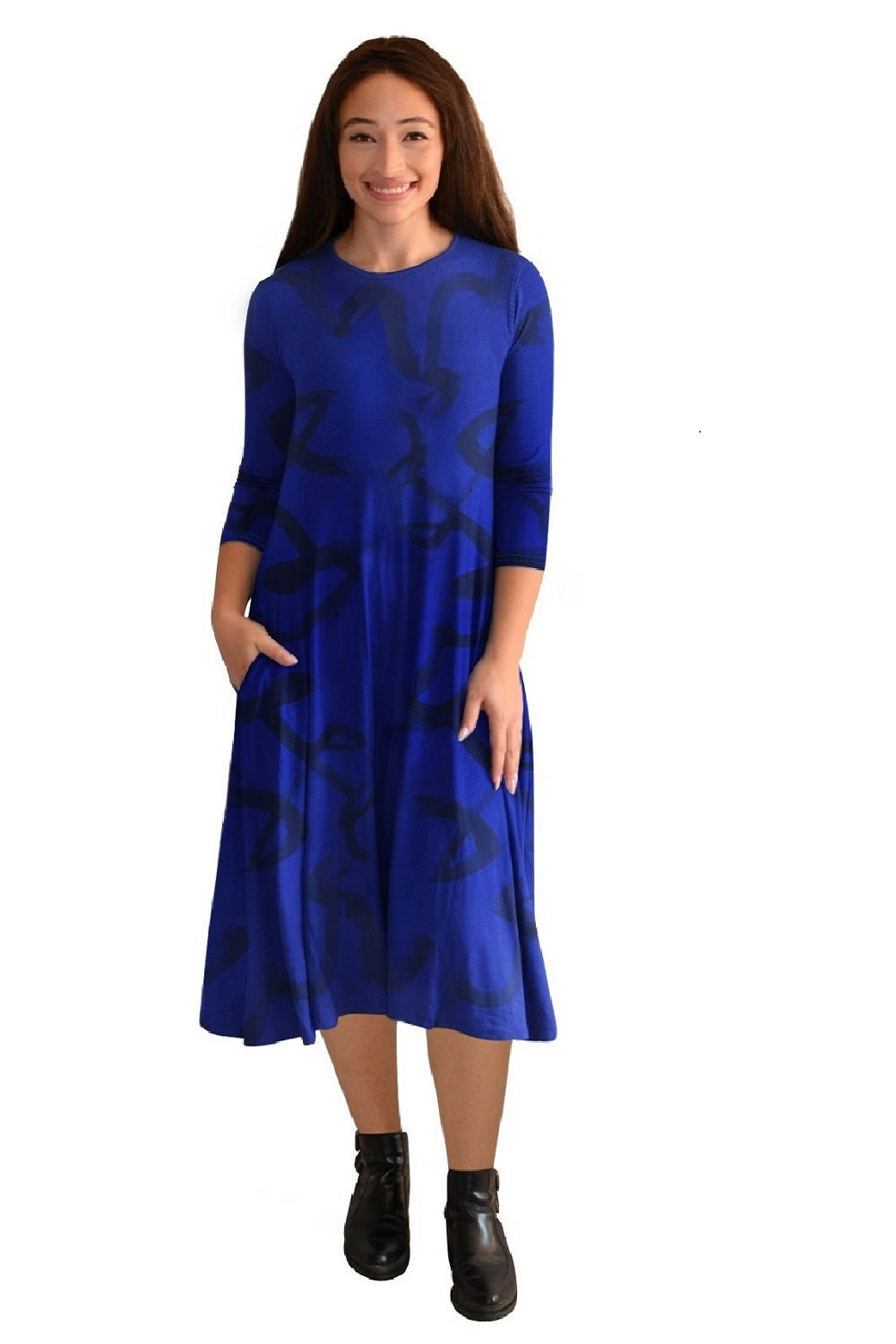 Mid-Calf 3/4 Sleeve Swing Dress with Pockets