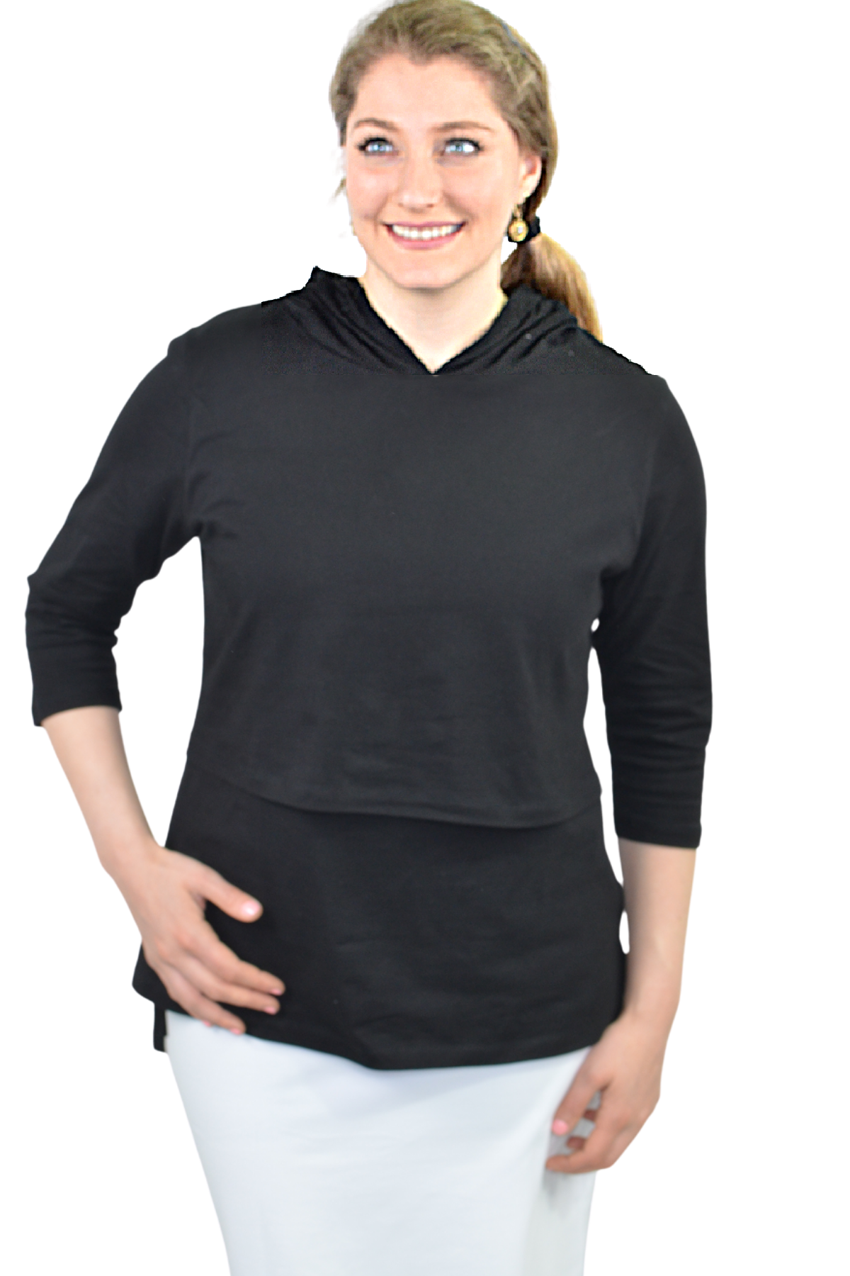 3/4 Sleeve Cotton Nursing Hoodie - Comfortable Double-Layer Tunic Top