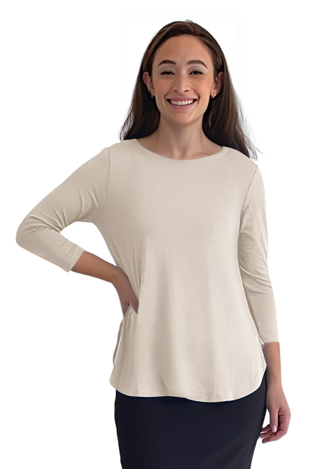 3/4 Sleeve Modest Tunic Top - Crew Neck, Hip Length, Flared Fit