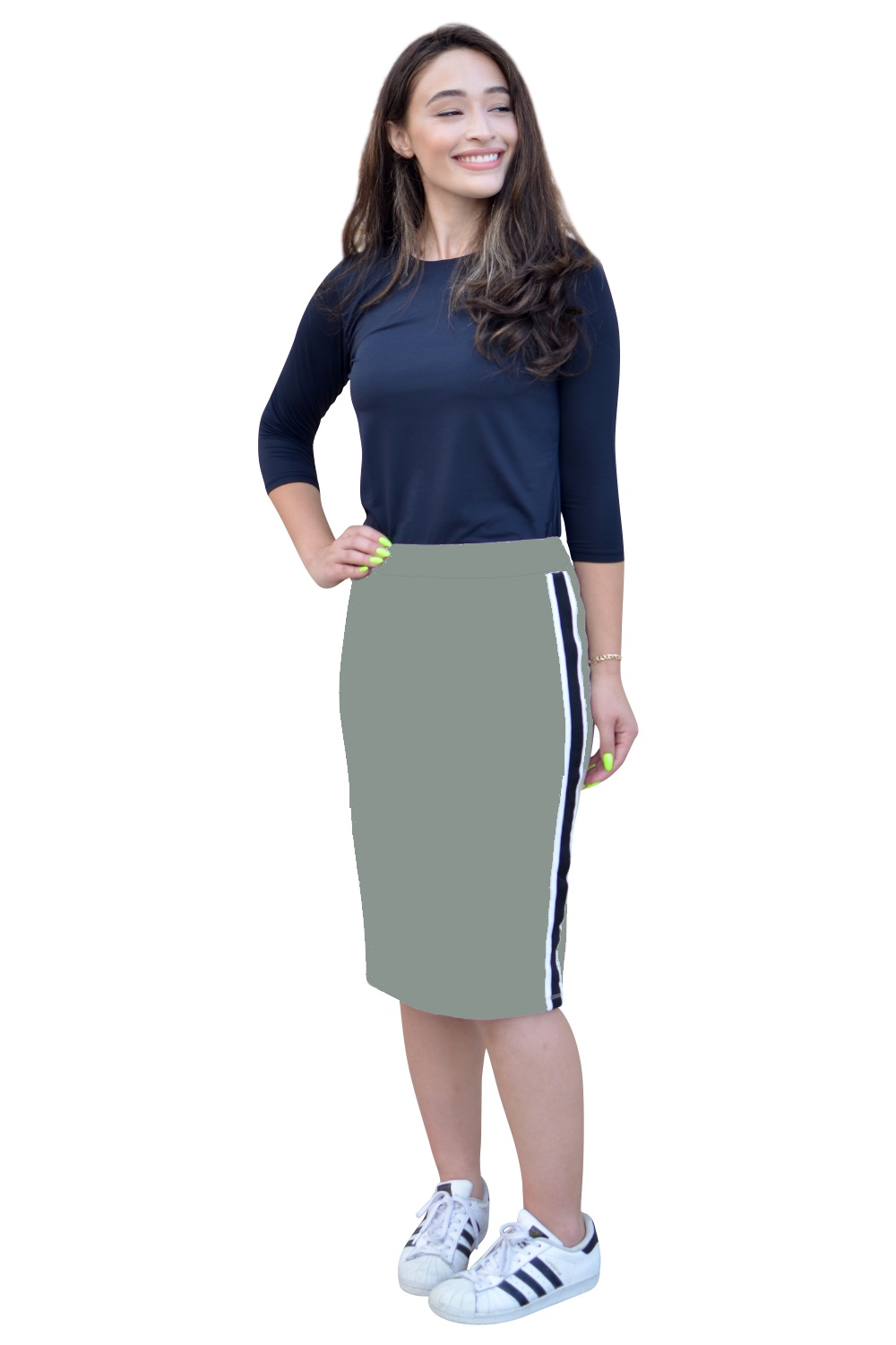 Straight Knee Length Skirt with Side Stripe for Women