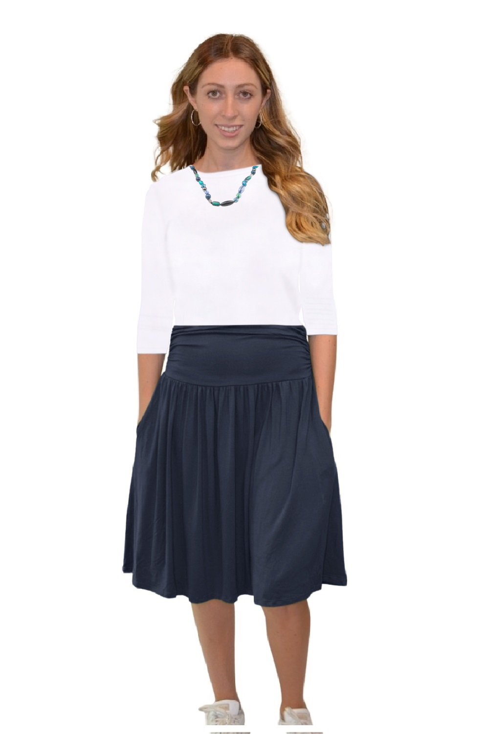 Womens Knee Length Ruched Flowy Skirt with Pockets