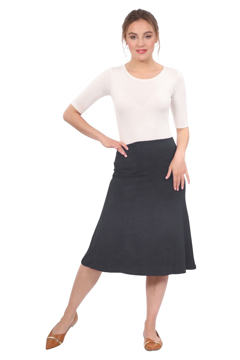 Sleek A-Line Adjustable Waist Midi Skirt with Fold-Over Waistband