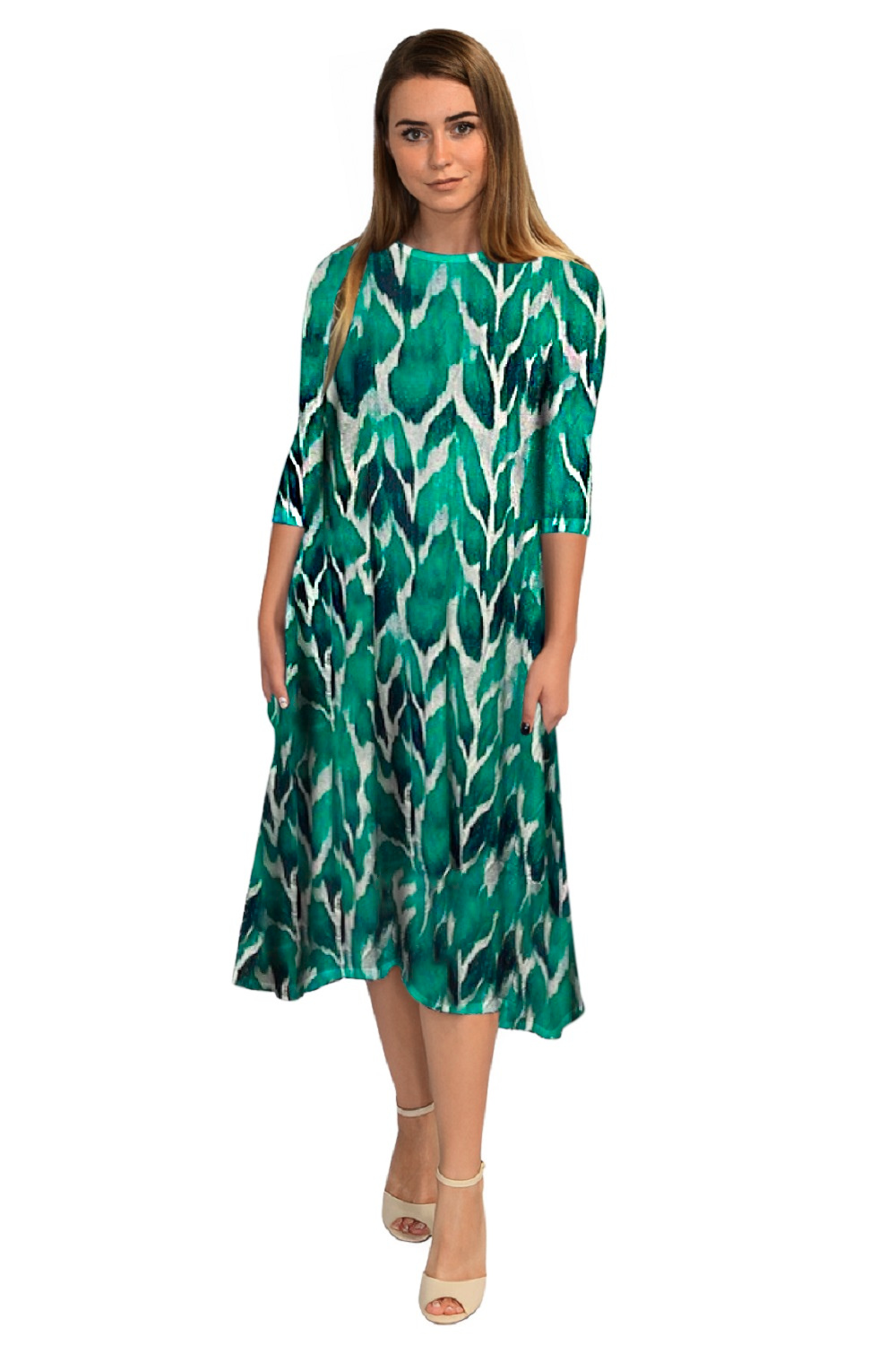 Mid-Calf 3/4 Sleeve Swing Dress with Pockets