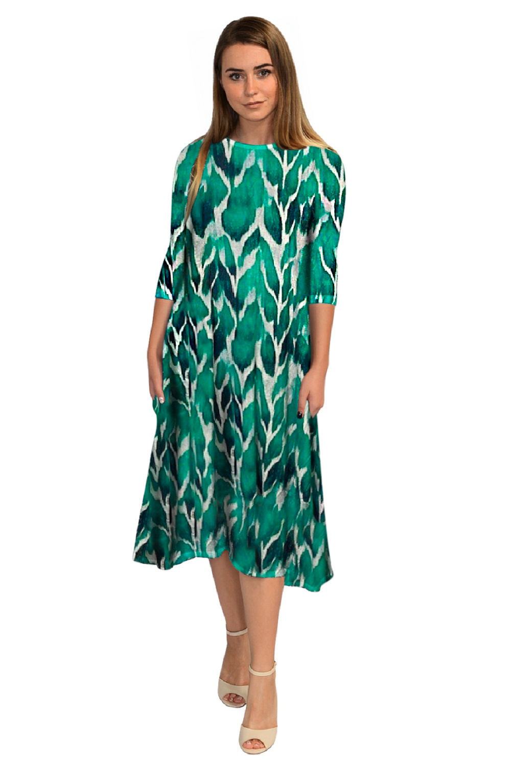 Mid-Calf 3/4 Sleeve Swing Dress with Pockets Mid-Calf 3/4 Sleeve Swing Dress with Pockets