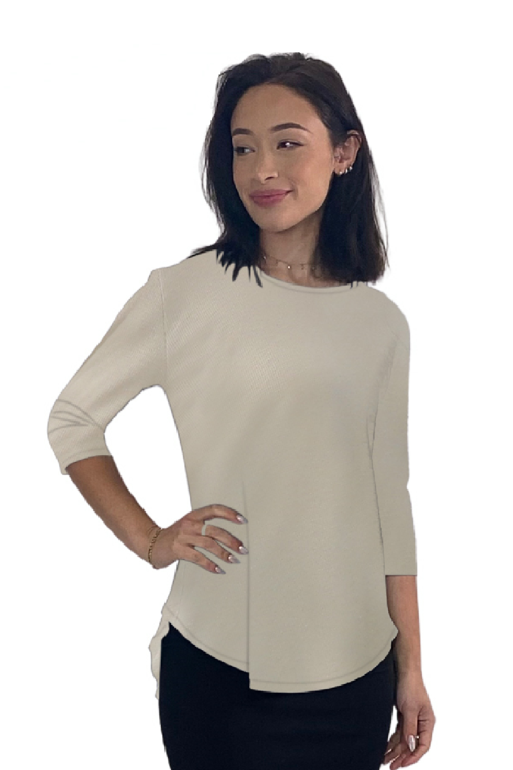 Lightweight Waffle Knit 3/4 Sleeve Tunic Top - High Neckline Long Length Relaxed Fit