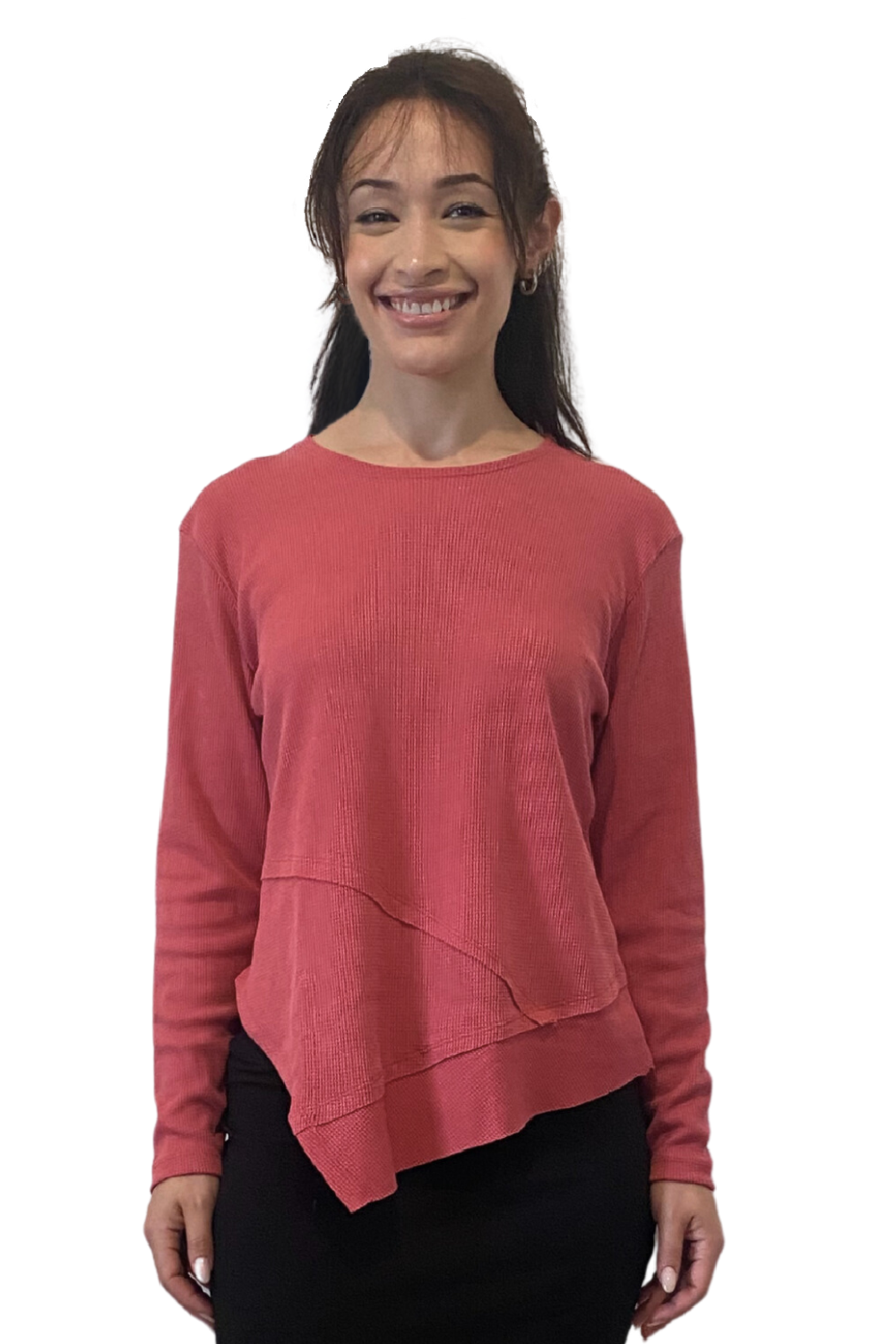 Modest High-Neck Waffle Tunic | Long Sleeve Comfort Top with Asymmetric Hem