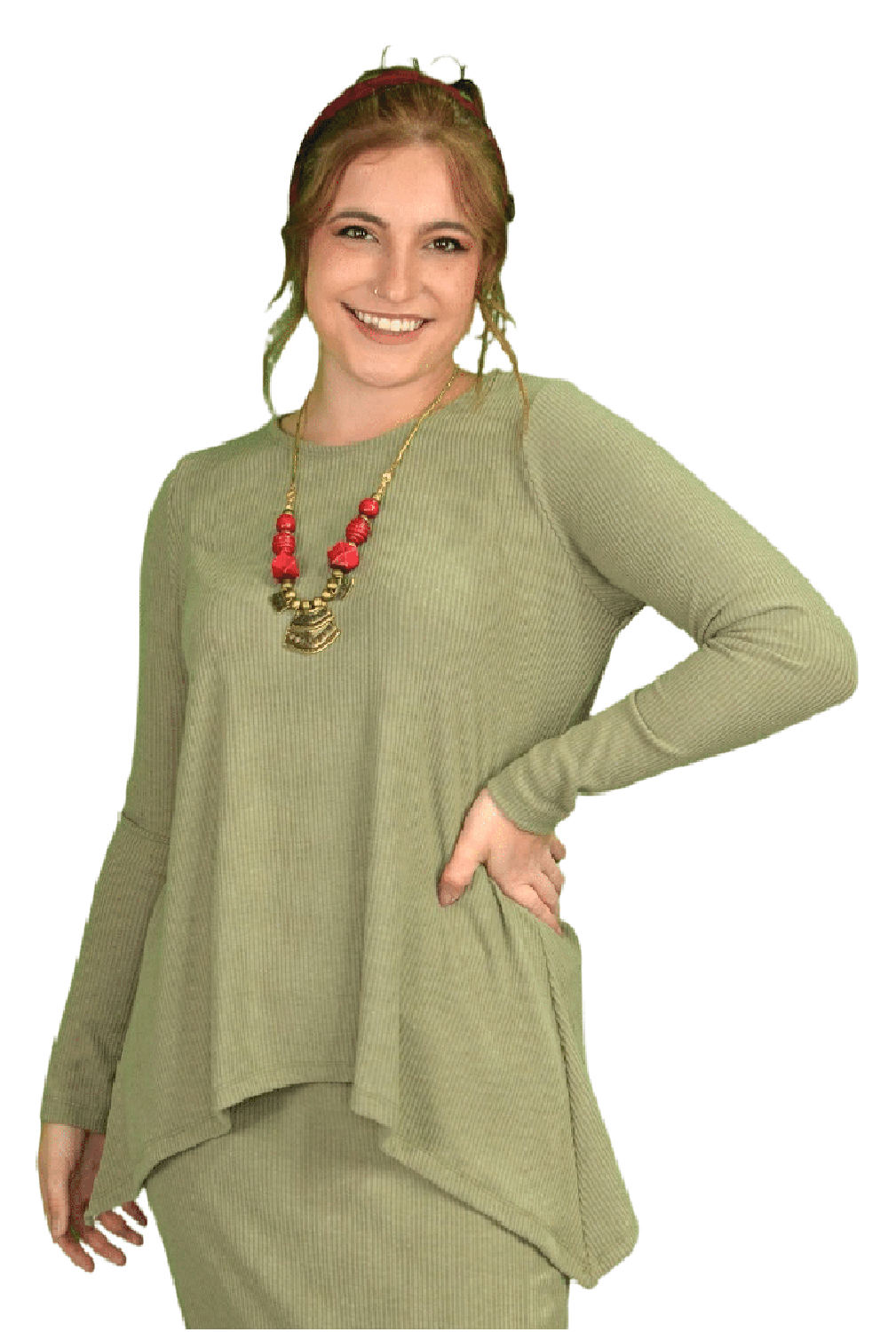 Long Sleeve Ribbed Sweater Tunic with Handkerchief Hem