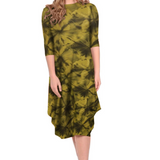 Flowing Midi Dress with 3/4 Sleeves and Dramatic Drape