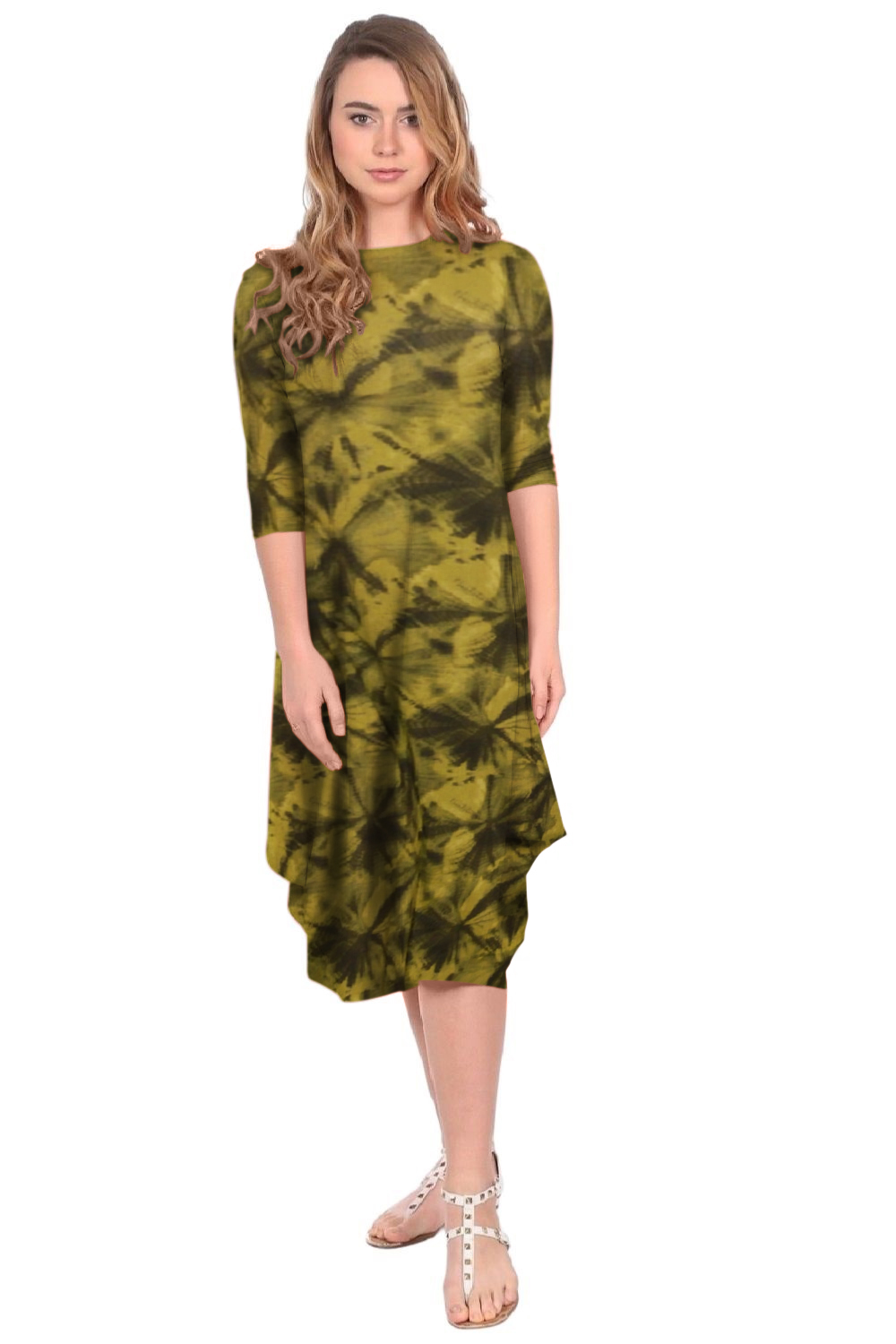 Flowing Midi Dress with 3/4 Sleeves and Dramatic Drape