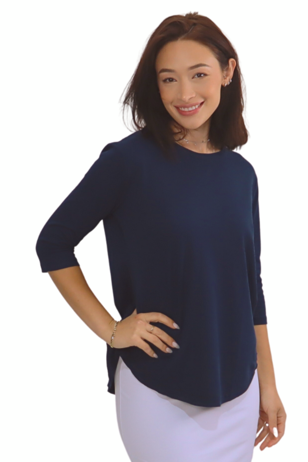 Lightweight Waffle Knit 3/4 Sleeve Tunic Top - High Neckline Long Length Relaxed Fit